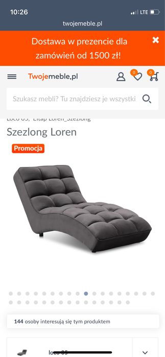 Szezlong nowy szary welurowy