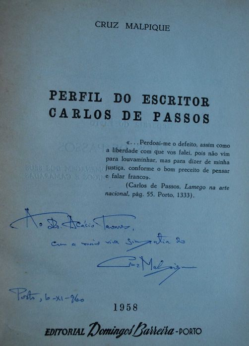 Perfil do Escritor Carlos de Passos - Ano Edição 1958 de Cruz Malpique
