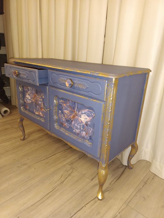 Komoda.Ludwikowska. Vintage. Granatowa z płatkami złota.Shabby.Glamour