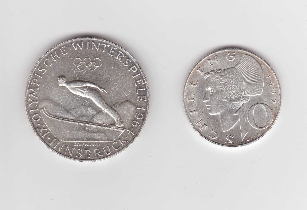 2 moedas prata Áustria 50 e 10 Schilling