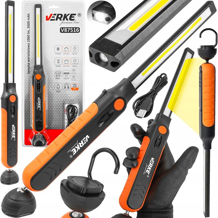 Latarka Warsztatowa Akumulatorowa LED COB Robocza Magnes HAK