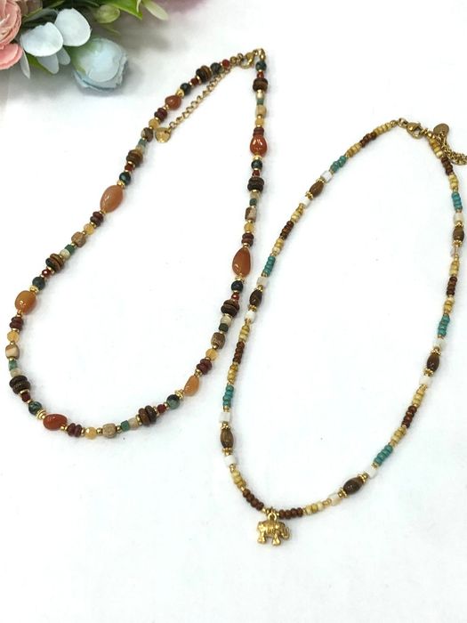 Naszyjnik z kamieni naturalnych – boho styl z zawieszką słonika, stal