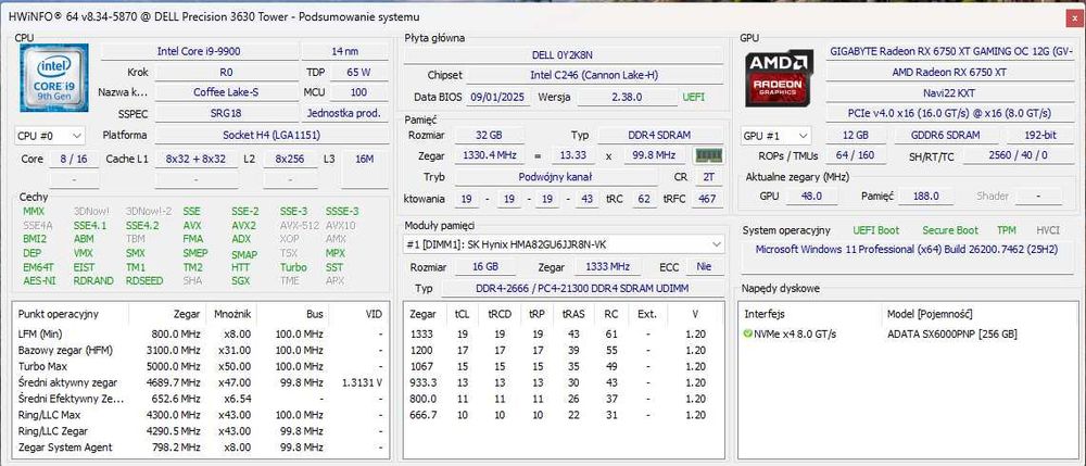 Komputer do gier / i9-9900 / 6750xt / 32gb RAM