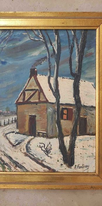 Aldeia no Inverno - Óleo sobre painel - Pintura antiga - Quadro