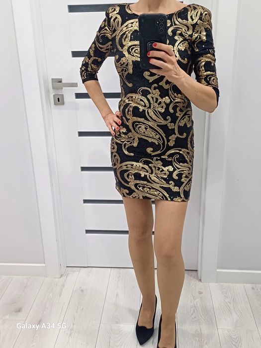 Sukienka cekinowa czarno-zlota. Rozmiar S. Bal/Andrzejki/Sylwester