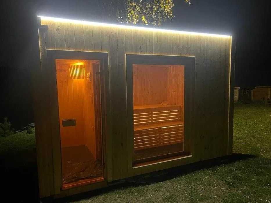 sauna ogrodowa drewniana, wolnostojąca, nowoczesna 3,2x2,2m