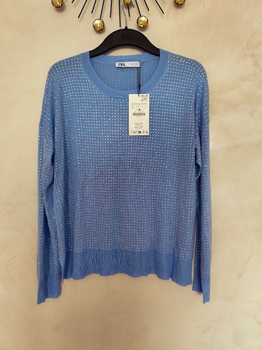 Błyszczący lekki wiosenny sweter Zara L z mieniącymi się kamieniami cy