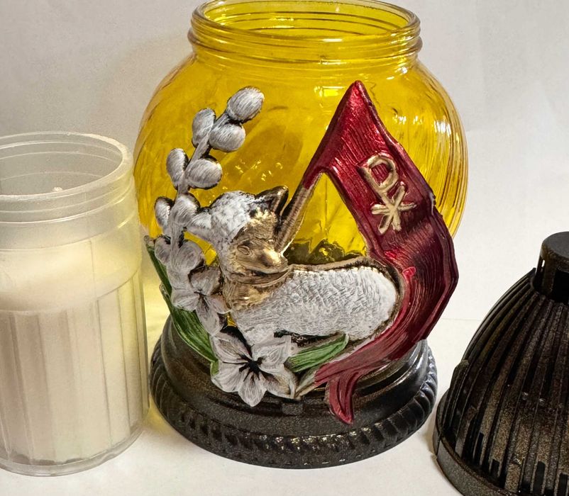 Znicz szklany Wielkanoc aplikacja Baranek ok 20cm