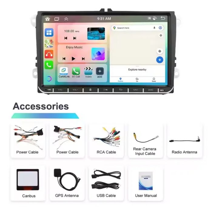 Rádio 9" Android 15 | 6/128GB CarPlay/Auto S/Fios, GPS, VW/SEAT/SKODA