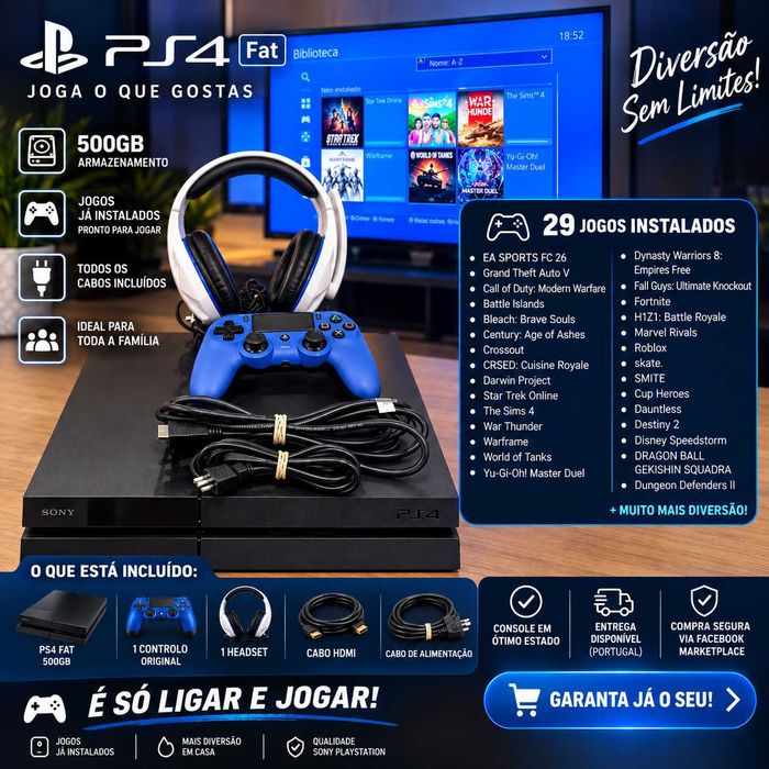 PS4 Fat 500GB + 25 Jogos Instalados + Controle + Headset