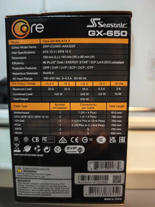 Fonte Modular Seasonic Core GX-650 Gold (650W) - Nova/Caixa