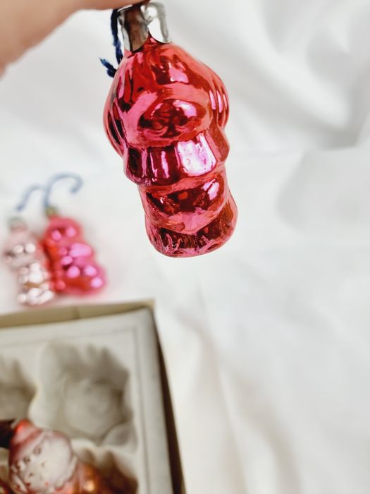 6 bombek szklanych z czasów PRLu kształtki ozdoba świąteczna