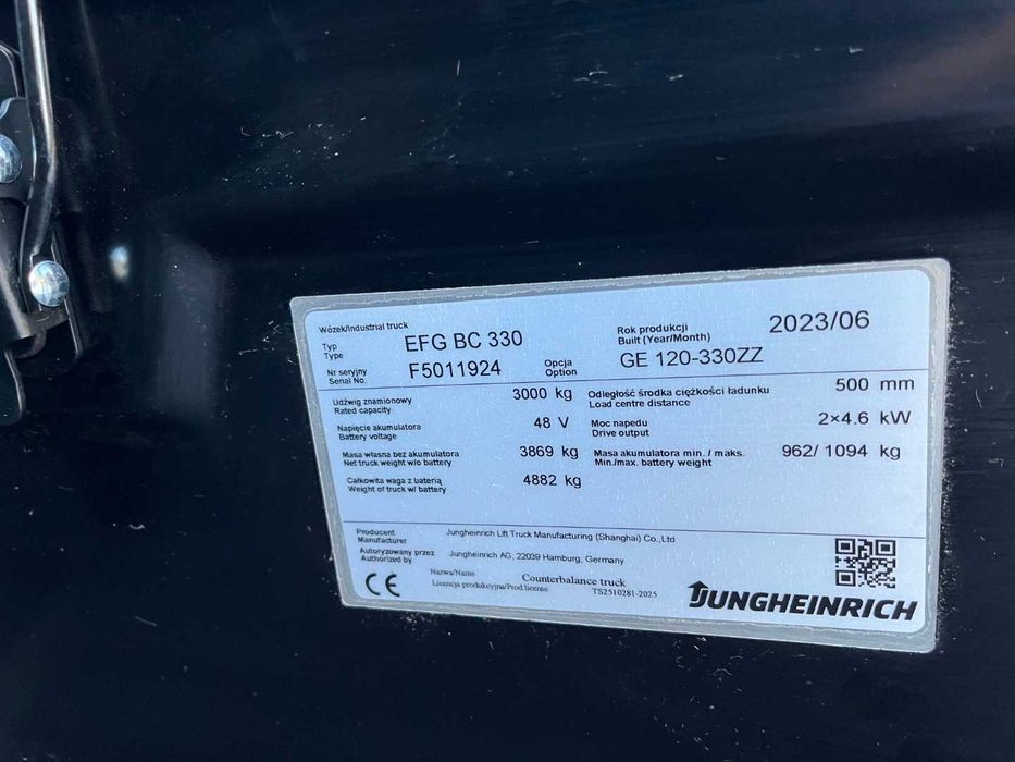 Wózek widłowy Jungheinrich EFGBC330 Elektryczny 2023 rok tylko 3mth przesuw