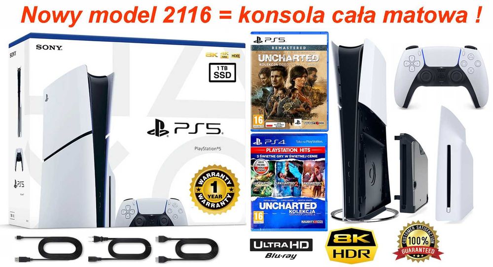 PS5 Slim 1TB + 5 gier + pad Dualsense + nowy model 2116 NEW + ROK Gwarancji / PlayStation 5