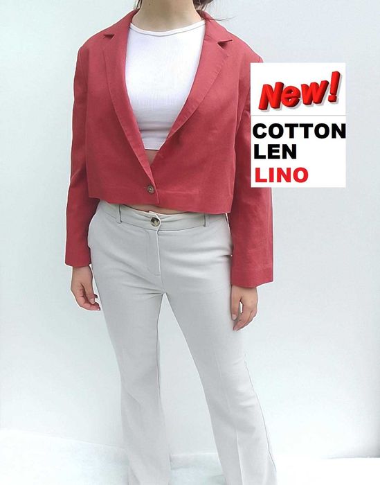 Lniany NOWY krótki pudełkowy żakiet marynarka len bawełna L 40