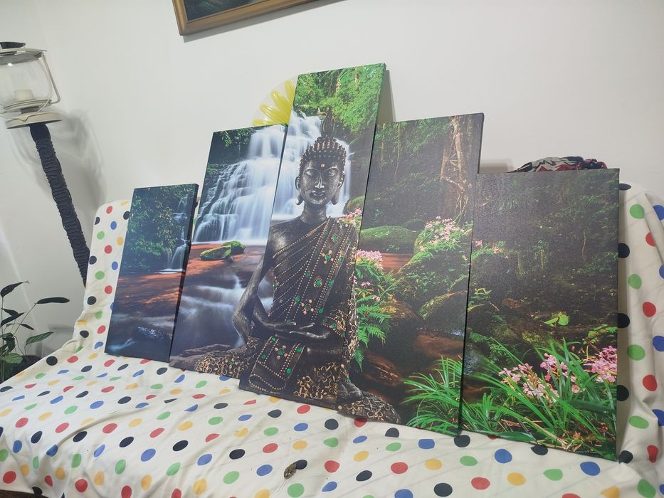 Conjunto de 5 Quadros Painel Buda e Cascata