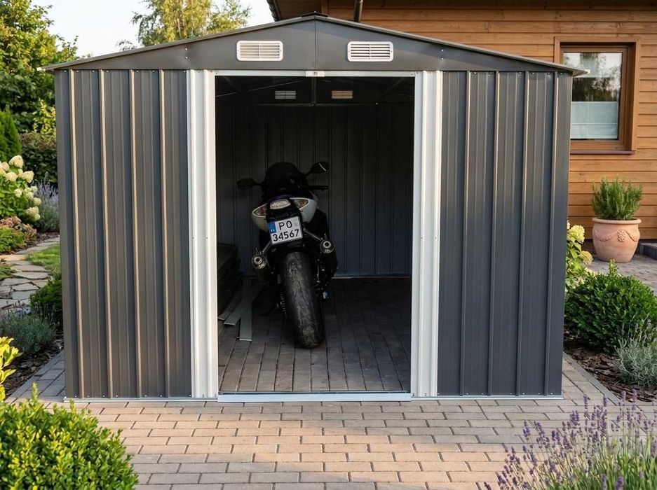 Domek Narzędziowy Metalowy XL 277x299x192 Ogrodowy Zamykany na Kłódkę | Szopa Schowek na Narzędzia Budka Garaż Drzwi Przesuwne NOWY Wysyłka FV23%