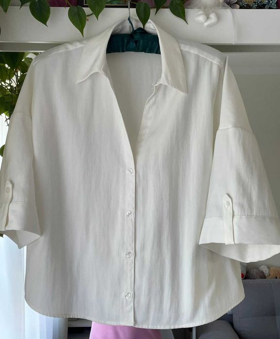 Zara koszula damska wiskozowa ecru XS S M oversize krótki rękaw minimalistyczna basic