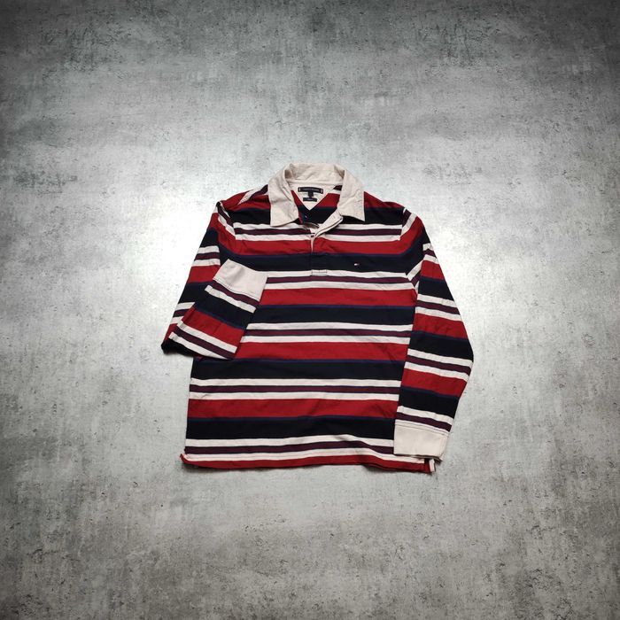 MĘSKA Koszulka Polo Rugby Grubsza Bluzka Paski Tommy Hilfiger Haft