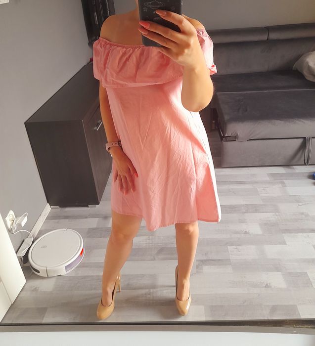 Bawełniana hiszpanka odkryte ramiona plecy sexy Pudrowa pudrowa