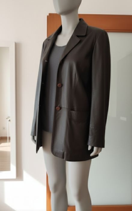 Casaco em pele genuína, azul escuro