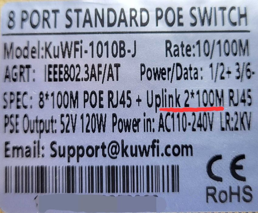 PoE Switch 52V KuWfi 1010B-J 8 Port 10/100Mbps Комутатор