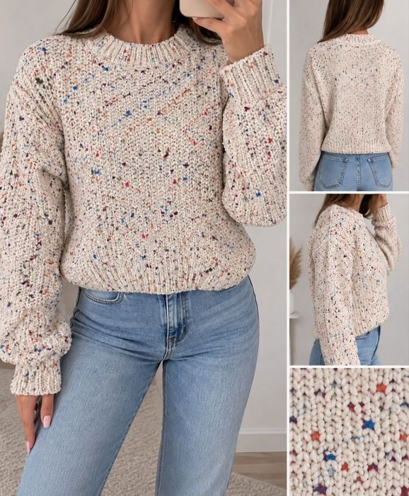 Sweter damski ecru z kolorowymi drobinkami