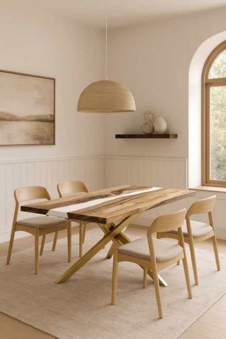 Stół z żywicy epoksydowej na wymiar Stolarz noga X orzech dąb biały