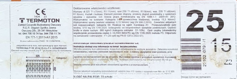 Pustak ceramiczny TERMOTON p+w 25 kl. 15