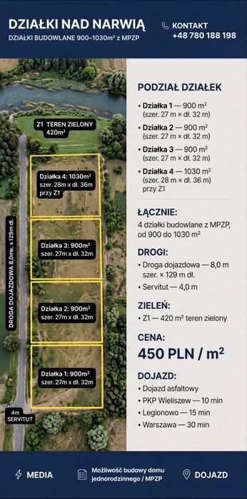 Działki nad Narwią pow 900 m² wszystkie media - Widok 3