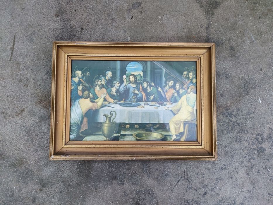 Quadro antigo da sagrada família, última ceia (50,5×36,5cm)