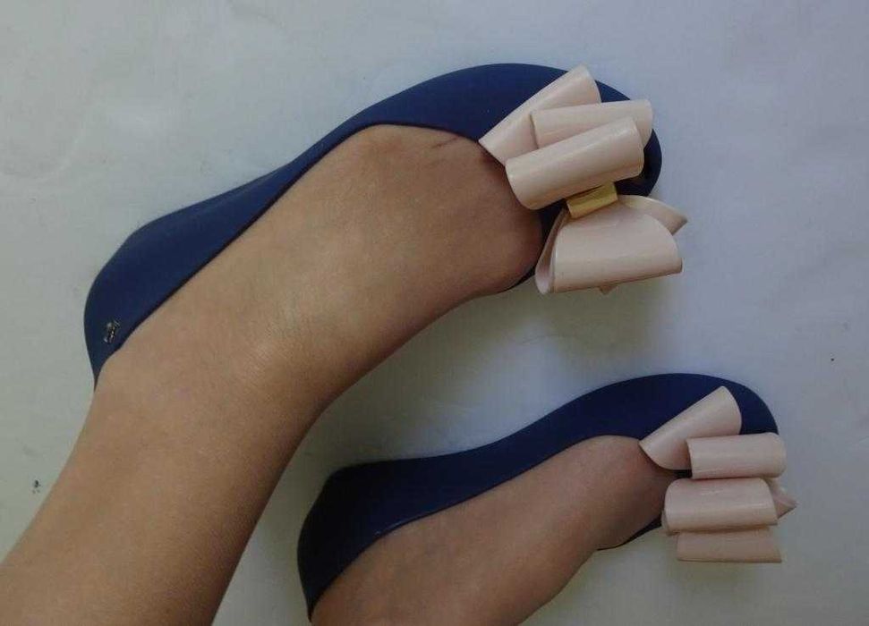 Baleriny Granatowe Z Kokardą Dużą Łososiową - Markowe Meliski 40/41