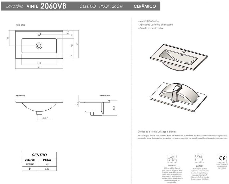 Lavatório Cerâmica 61cm Branco Banhoazis, Modelo 2060VB, Novo