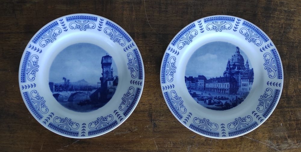 Dwie miniatury Canaletto Drezno Pejzaż rzeczny talerze ceramika 19 cm