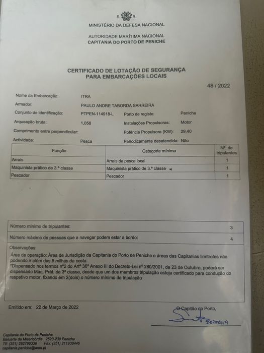 Barco pesca profissional - Peniche - licença covos e outras