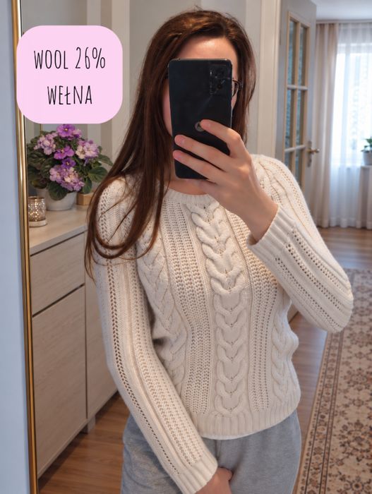 Sweter elegancki wełna warkocz splot pleciony ażurowy dopasowany taliowany wełniany ozdobny ciepły gruby GAP 36 S