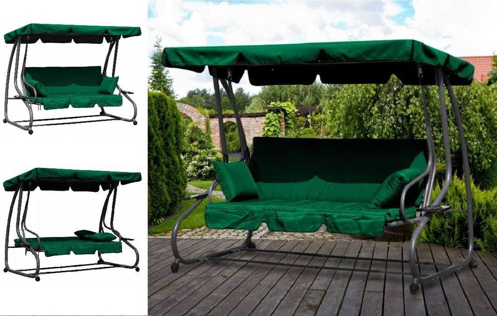 HUŚTAWKA OGRODOWA rozkładana 3-osobowa 2w1 do 300 kg - ZIELONA