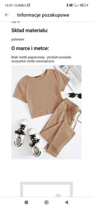 Shein beżowy damski komplet spodnie krótki top M