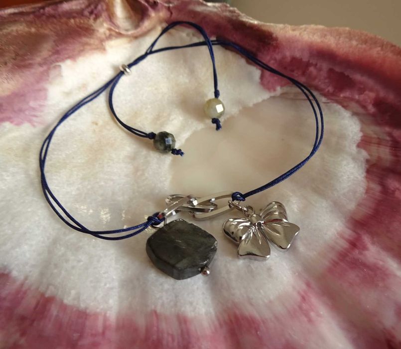 Bransoletka regulowana Labradoryt kamień naturalny kokardka Rękodzieło