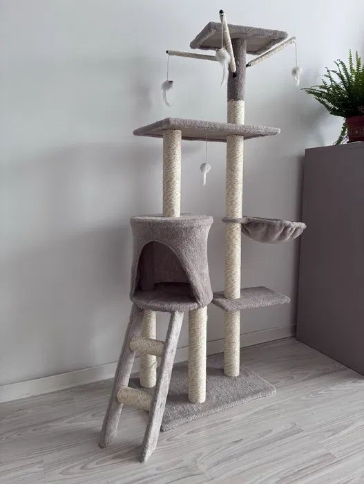 Drapak dla kota XXL 138 cm wieża z domkiem hamakiem i zabawkami stabilny 5 poziomów szary