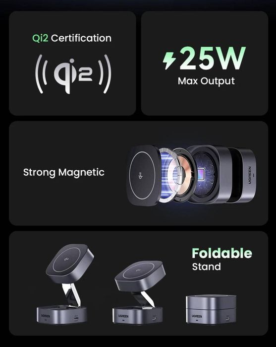 Бездротовий зарядний пристрій UGREEN 2-in-1 MagSafe 25w Qi2 Magnetic
