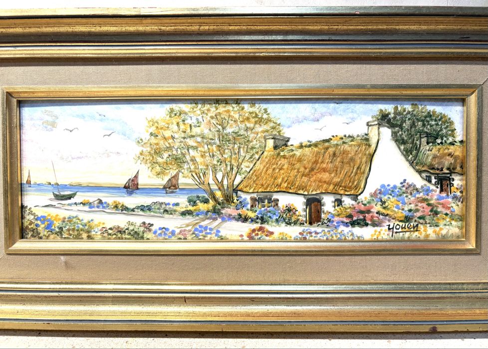 Linda pintura de paisagem francesa  sobre azulejo assinada Youen
