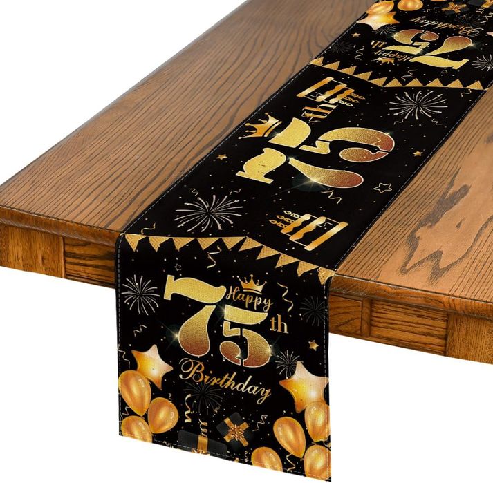 Dekoracja Stołu na Przyjęcie 75 Urodziny  Czarny Złoty 40x140 cm