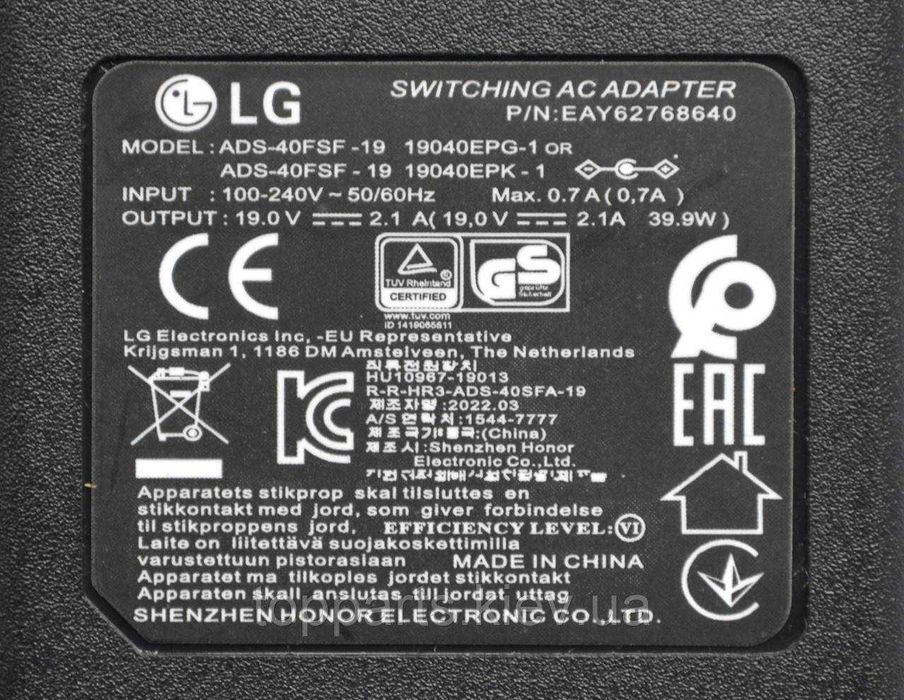 Мережевий Блок  Для Моніторів LG 19 В, 2.1 А (40W), РОЗ'ЄМ 6.5/4.4