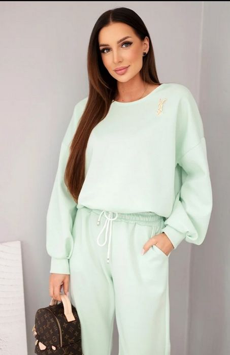 Dres komplet spodnie i bluzka nowy owersize S M L  broszka złota Y.S.L