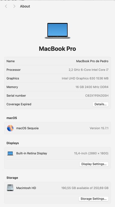 Apple MacBook Pro 15" 2018, i7, 16GB RAM