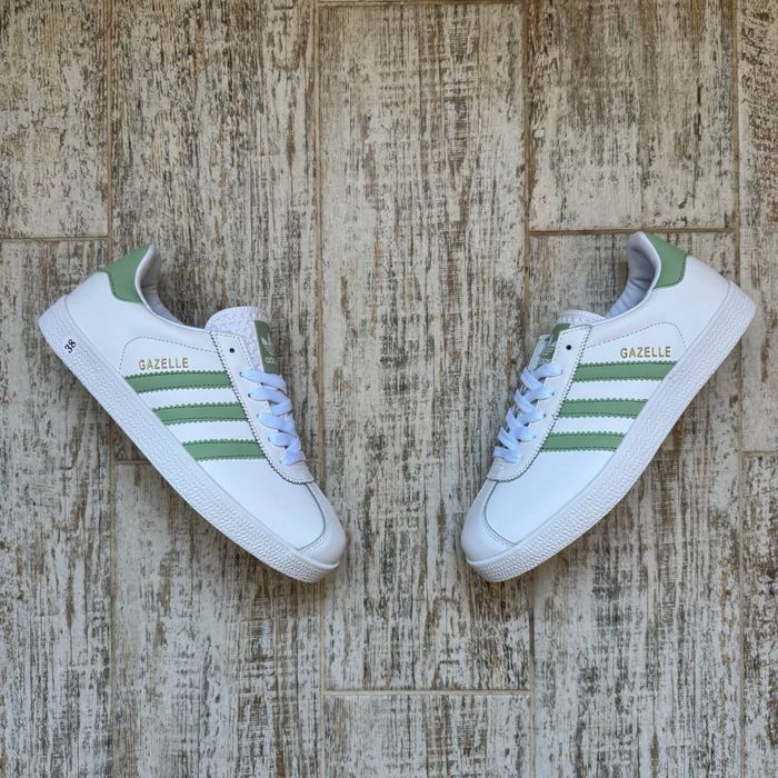 Адідас Газель Кросівки жіночі шкіряні Adidas Gazelle білі з зеленим женские Адидас газель белые  розмір 36,38,41