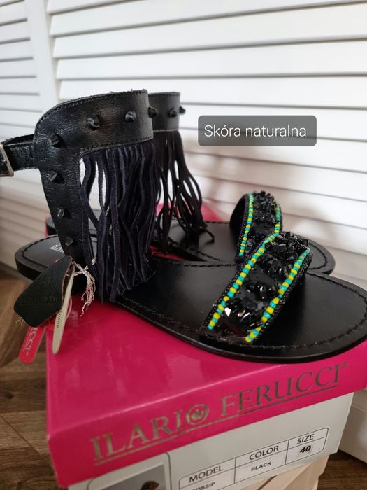 Sandały czarne skóra naturlana 40 koraliki