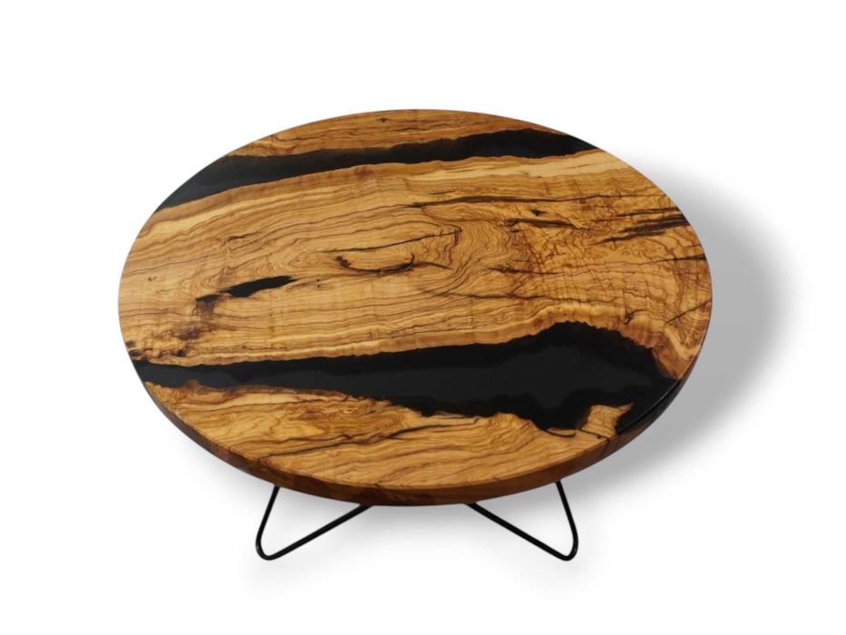 Stolik kawowy okrągły Noir 60 cm | drewno oliwne | czarna żywica