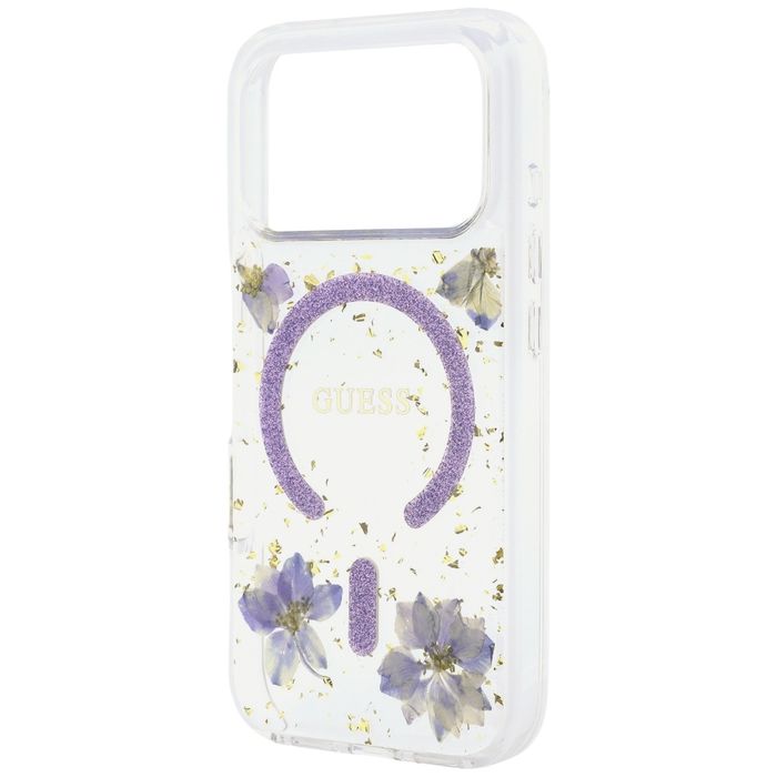 Etui Guess Resin Flowers Glitter MagSafe do iPhone 18 Pro / 17 Pro fioletowy